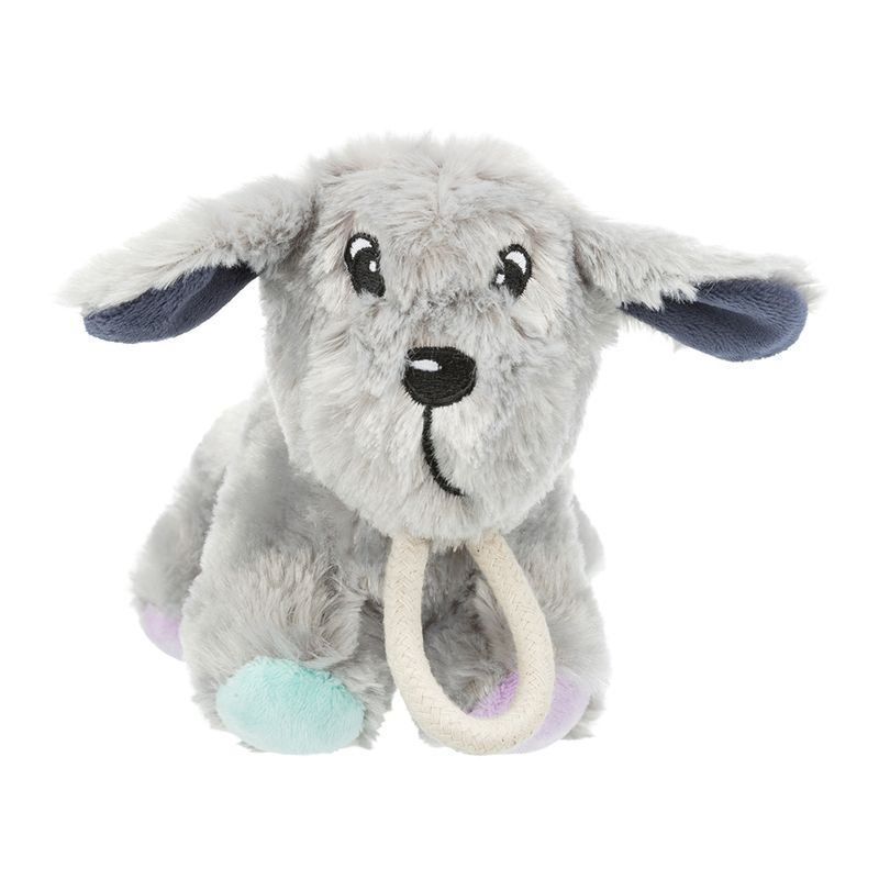 Grey plush toy in the shape of a dog with colourful paws and a beige chew rope around the neck.
