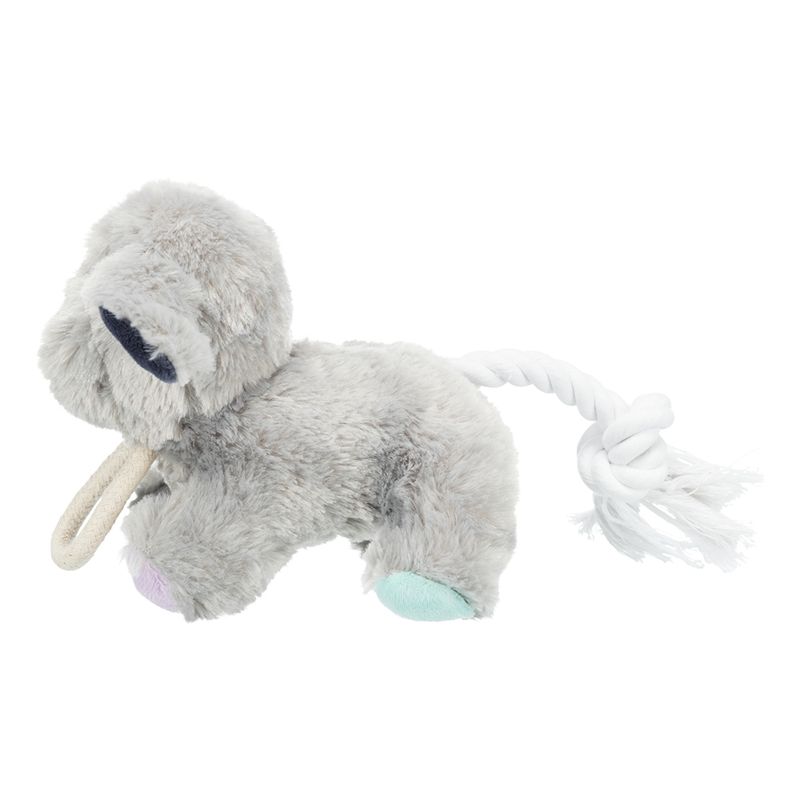 Grey plush toy in elephant shape with rope and colourful accents on the feet. Suitable for interactive play.