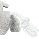 Plush toy with grey fur and white knotted rope, suitable for pulling and chewing activities.