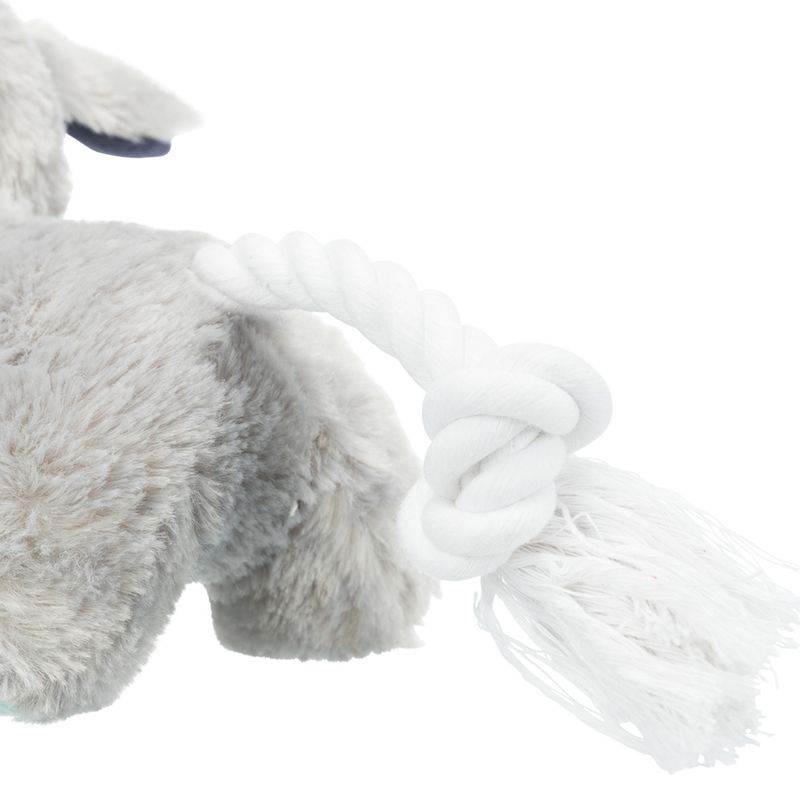 Plush toy with grey fur and white knotted rope, suitable for pulling and chewing activities.