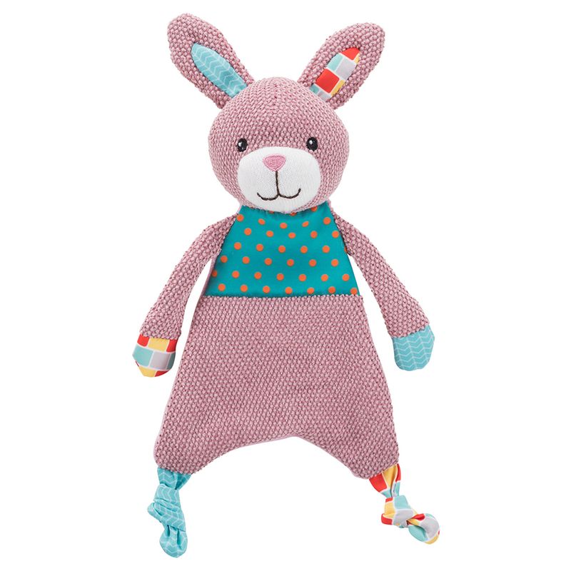 Pink fabric rabbit with knitted body, turquoise polka dot pattern on chest, and colourful details on ears, hands and feet.