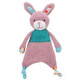 Pink fabric rabbit with knitted body, turquoise polka dot pattern on chest, and colourful details on ears, hands and feet.