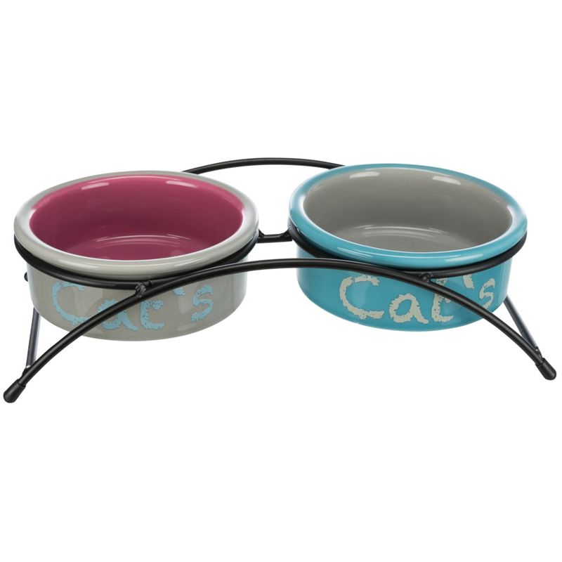 Double bowl set with metal stand, two ceramic bowls: one grey-pink, one grey-blue, both with 'Cat's' inscription.