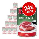 Rocco Single Meat Beef, 24 x 400g tins. Green and red packaging with beef image, cow icon, visible text: 'SINGLE MEAT', 'Beef', '24x 400g'.