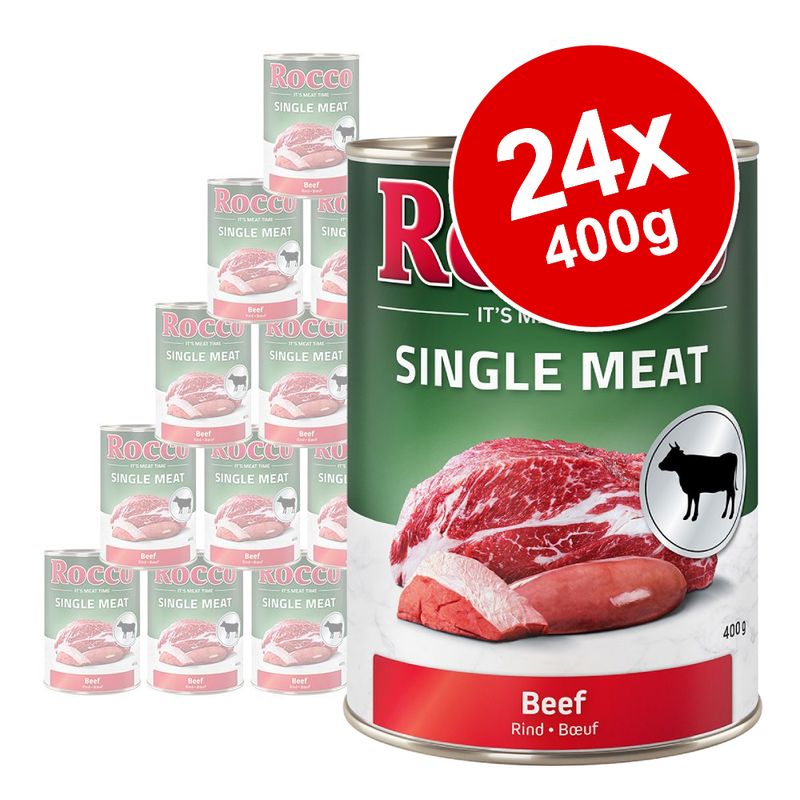 Rocco Single Meat Beef, 24 x 400g tins. Green and red packaging with beef image, cow icon, visible text: 'SINGLE MEAT', 'Beef', '24x 400g'.