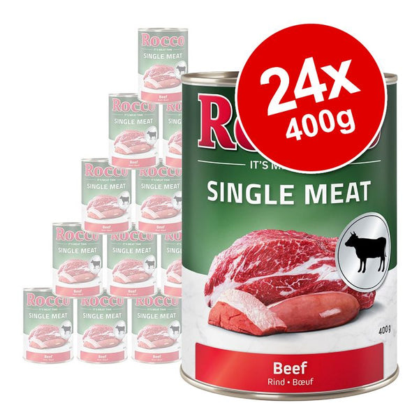 Rocco Single Meat Beef, 24 x 400g tins. Green and red packaging with beef image, cow icon, visible text: 'SINGLE MEAT', 'Beef', '24x 400g'.