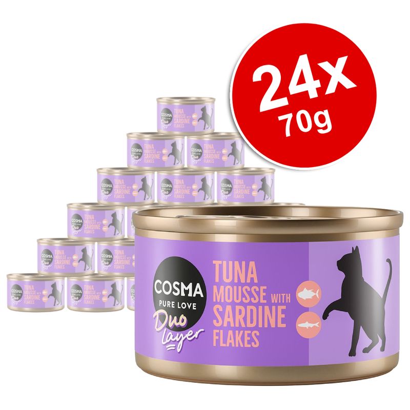 COSMA Pure Love Duo Layer Tuna Mousse with Sardine Flakes, 24 x 70g tins shown. Purple label with cat silhouette and fish icons visible.