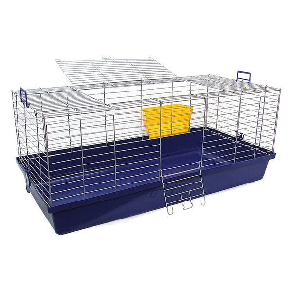 Small animal cage with metal grid walls, blue plastic tray, yellow food bowl and access door with ladder.