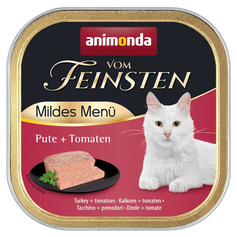 Animonda Vom Feinsten Mildes Menü, turkey + tomatoes. Serving suggestion with cat food and white cat shown.