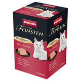 Animonda Vom Feinsten Mildes Menü turkey + tomatoes, 6 x 100 g. Packaging with white cat and image of the food.