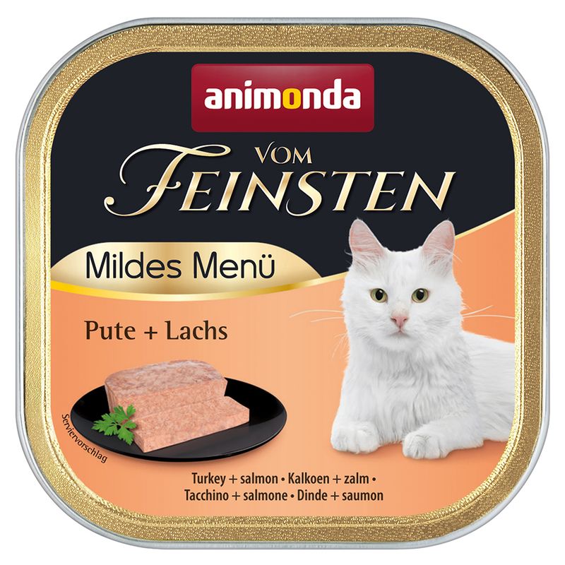 Animonda Vom Feinsten Mildes Menü turkey + salmon. Serving suggestion with cat food on a black plate and a white cat shown.