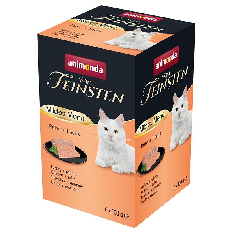 Animonda vom Feinsten Mildes Menü turkey + salmon, 6 x 100 g. Packaging with image of a white cat and served wet food.