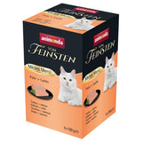 Animonda vom Feinsten Mildes Menü turkey + salmon, 6 x 100 g. Packaging with image of a white cat and served wet food.