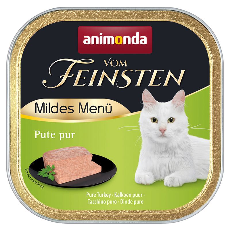 Animonda Vom Feinsten Mildes Menü pure turkey. Serving suggestion with cat motif and product image on green background.