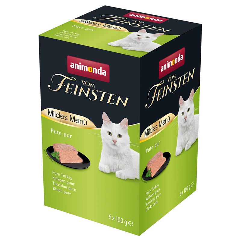 Animonda Vom Feinsten Mildes Menü pure turkey, 6 x 100 g. Packaging shows a white tomcat and served cat food on a black plate with parsley.