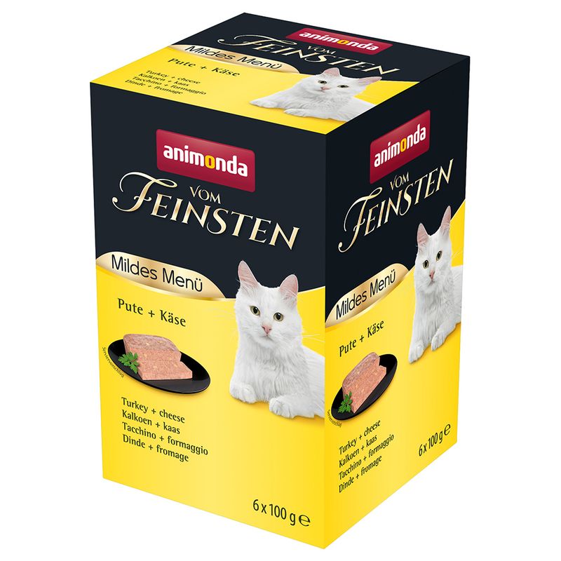 Animonda Vom Feinsten Mildes Menü turkey + cheese, cat food, 6 x 100 g pack. Product image with white cat and food piece on black plate.