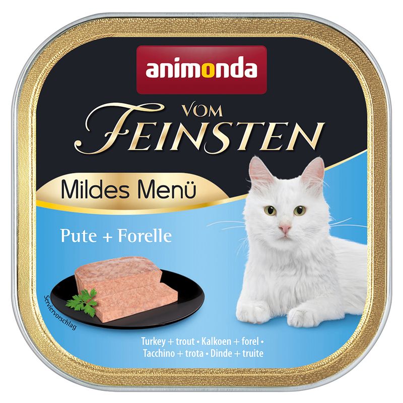 Animonda Vom Feinsten Mildes Menü, turkey + trout. Serving suggestion with white cat and food shown on black plate.
