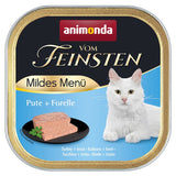 Animonda Vom Feinsten Mildes Menü, turkey + trout. Serving suggestion with white cat and food shown on black plate.