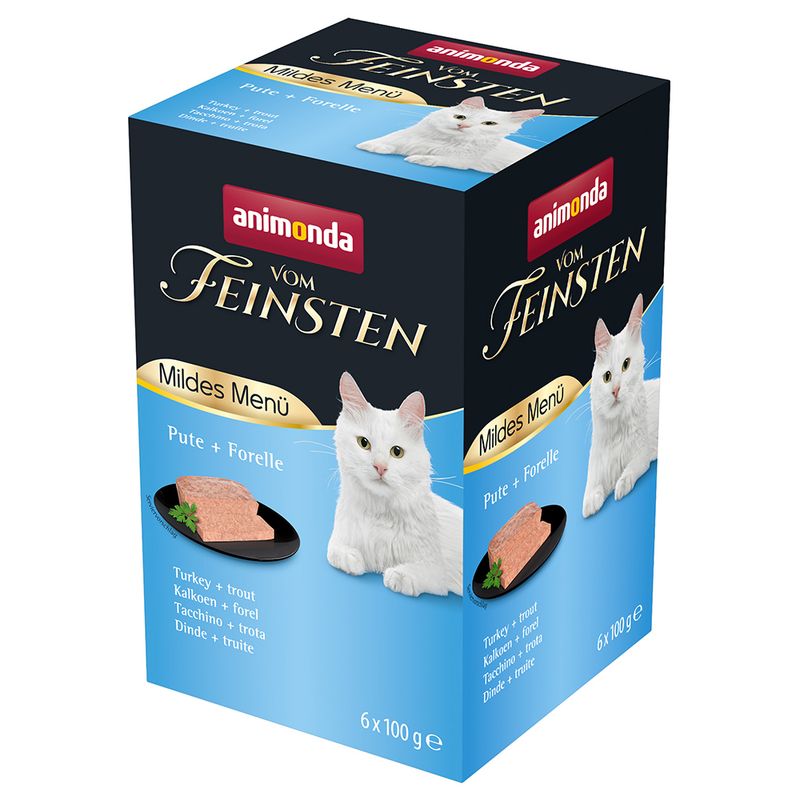 Animonda Vom Feinsten Mildes Menü turkey + trout, 6 x 100 g. Packaging with image of a white cat and served cat food.