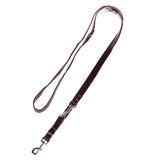 Adjustable brown leather lead with metal clips and buckle, shown fully extended to display fastening points and length options.