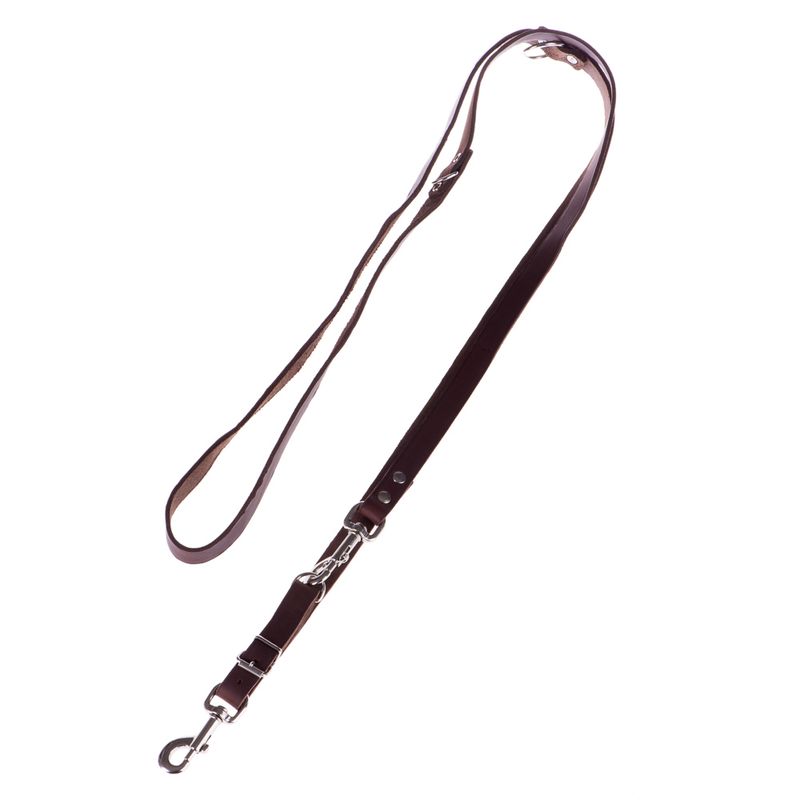 Adjustable brown leather lead with metal clips and buckle, shown fully extended to display fastening points and length options.