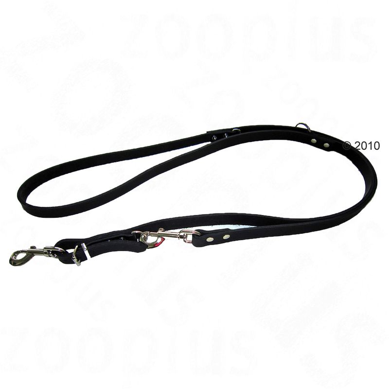 Adjustable black lead with metal clips and multiple attachment points, shown laid out to display length options and fastening features.