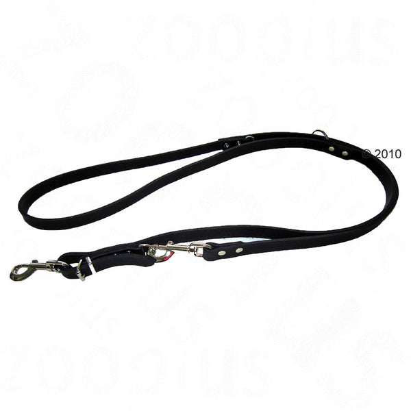 Adjustable black lead with metal clips and multiple attachment points, shown laid out to display length options and fastening features.