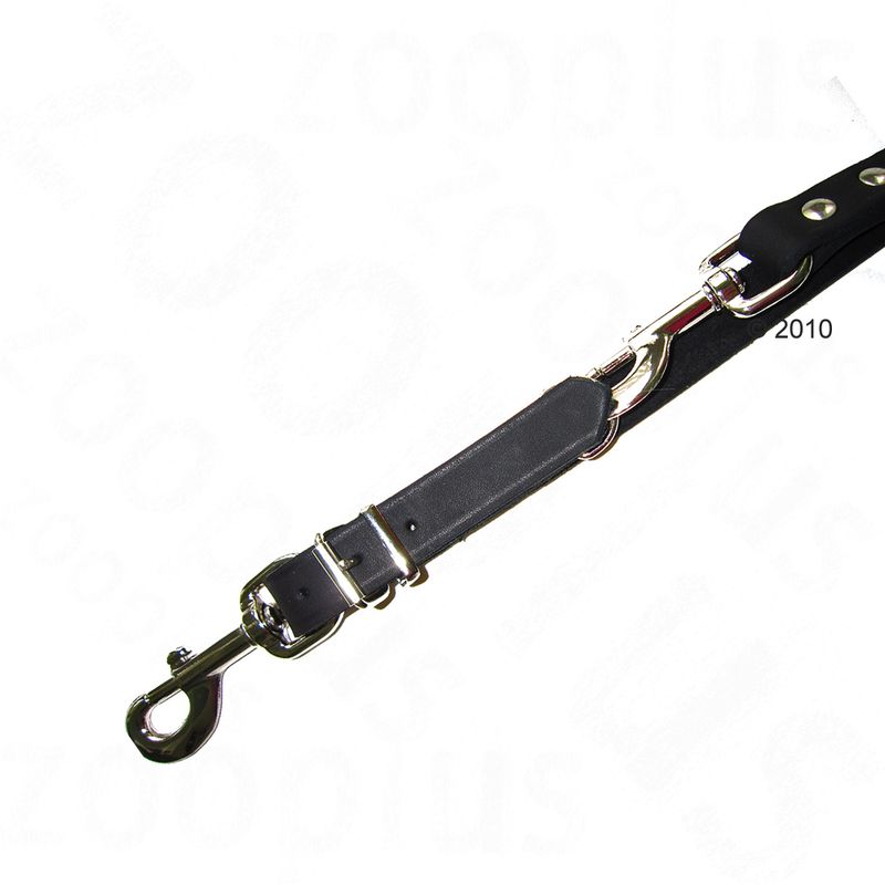Close-up of a black adjustable leather lead with metal clips and rivets, showing fastening mechanism and attachment points.