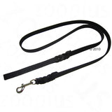 Black leather dog lead with braided design and metal carabiner hook.