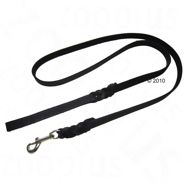 Black leather dog lead with braided design and metal carabiner hook.