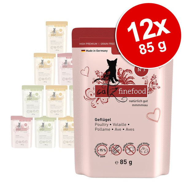 Multipack of 12 pouches, each 85g. High premium, grain free, made in Germany. Contains poultry. No added sugar, no animal testing, 95% meat content including cooking liquid.