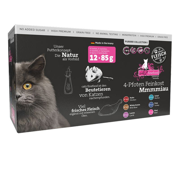 Catz finefood 4-Pfoten Feinkost Mmmmiau. 12x85g, made in Germany, no sugar, grain-free, no animal testing. High fresh meat content, inspired by cats' prey.