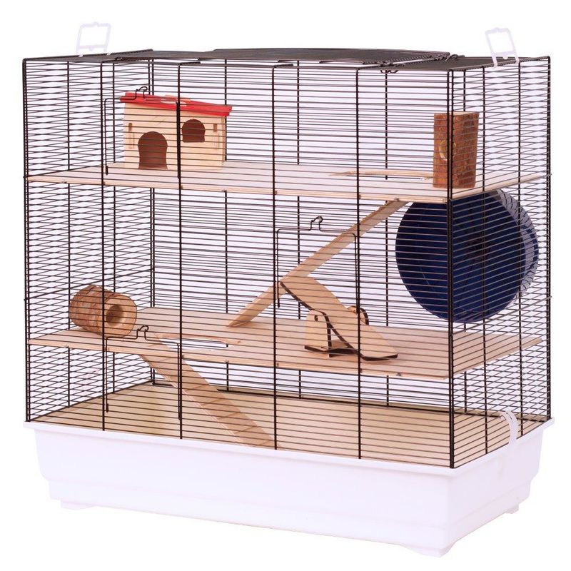 Multi-level cage with wooden platforms, ramps, house with red roof, tunnel and blue play ball. Metal grid and white plastic base.