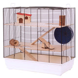 Multi-level cage with wooden platforms, ramps, house with red roof, tunnel and blue play ball. Metal grid and white plastic base.