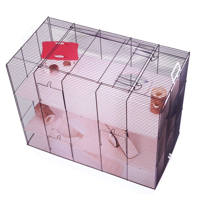 Wire cage with multiple levels, ramps, a red plastic house, tunnels and wooden accessories inside, shown from above to display interior layout and features.