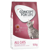 Concept for Life All Cats 10kg. Special formula supports ideal weight maintenance, hairball function, and urinary tract health. For adult cats aged 1 year and over.