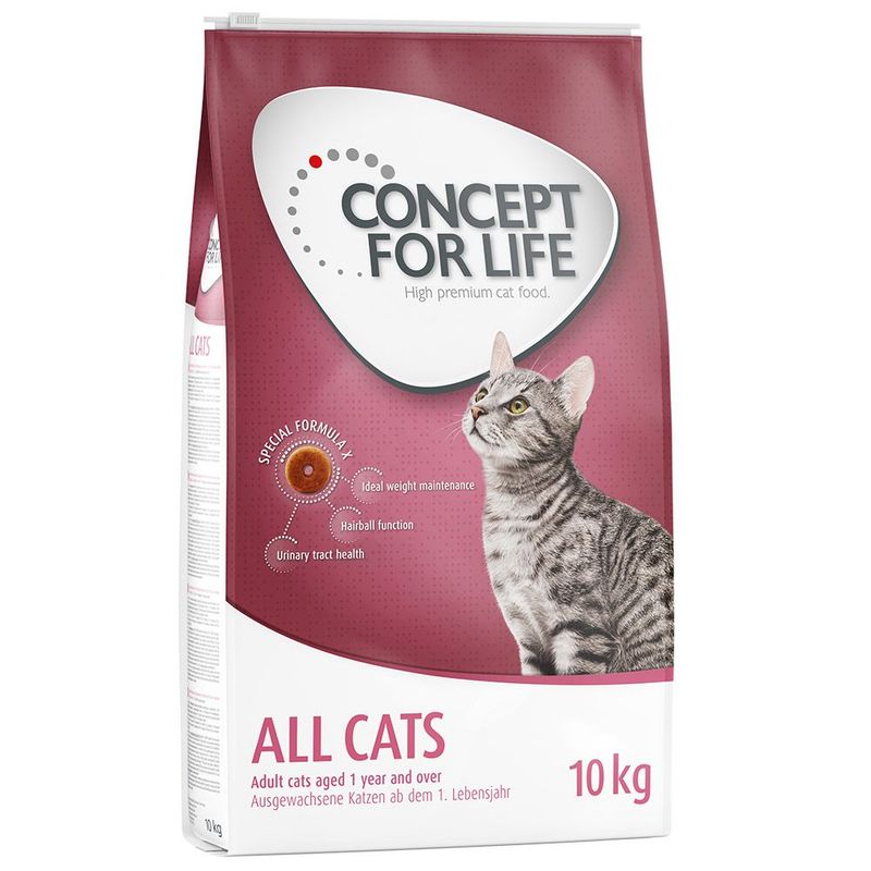 Concept for Life All Cats 10kg. Special formula supports ideal weight maintenance, hairball function, and urinary tract health. For adult cats aged 1 year and over.