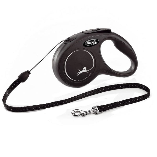 Flexi dog lead in black with ergonomic handle, print of a jumping dog and 'Made in Germany' lettering. With adjustable strap and metal snap hook.