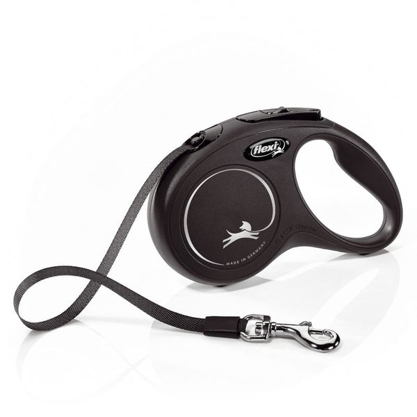 Flexi dog lead in black with ergonomic handle, silver logo and 'Made in Germany' inscription. With adjustable strap and metal carabiner.