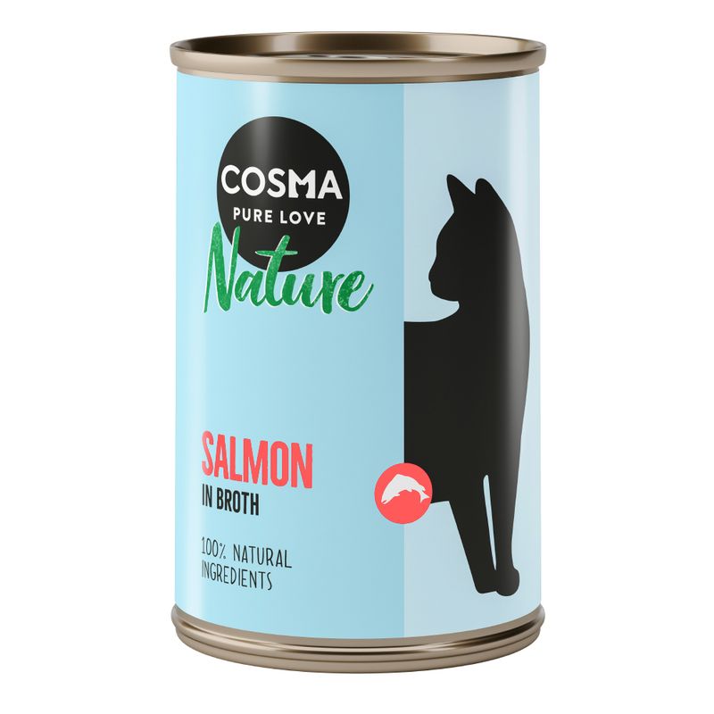 Cosma Pure Love Nature, salmon in broth, 100% natural ingredients. Cat silhouette on light blue can.
