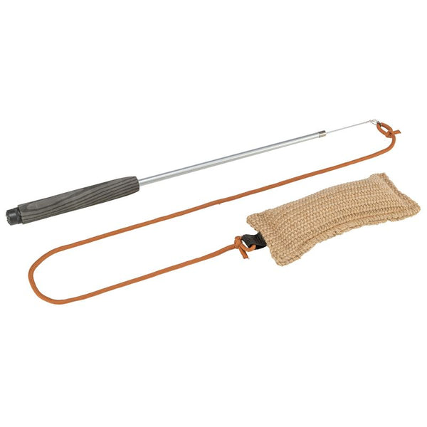 Teaser wand with metal rod, black handle and beige padded jute attachment on a brown cord.