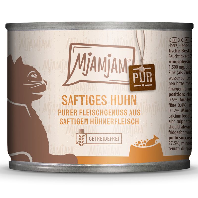 MjAMjAM Juicy Chicken, pure meat enjoyment from juicy chicken meat, grain-free. PUR label visible on the can.