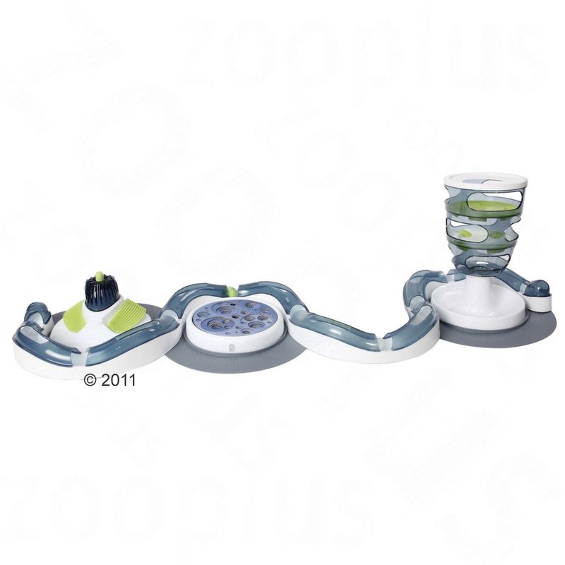 Interactive pet activity centre with multiple modules, including a spiral tower, puzzle section and textured area, designed for mental stimulation and play.