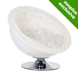 Round white pet bed with plush cushion and chrome base, shown with green corner label stating .