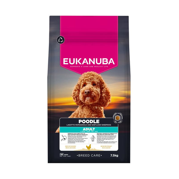 Eukanuba Poodle Adult, Lagotto Romagnolo and Shetland Sheepdog, rich in chicken, 7.5 kg. Breed Care. Includes feeding instructions and nutritional information.