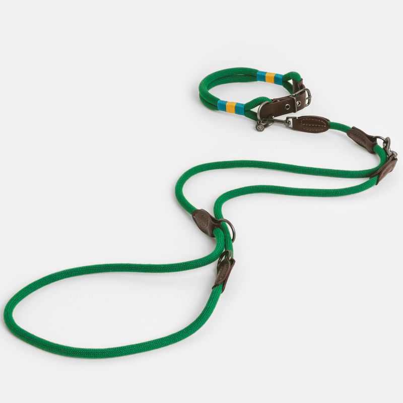 Green dog lead with adjustable loops and brown leather details, including collar with yellow and blue accents.
