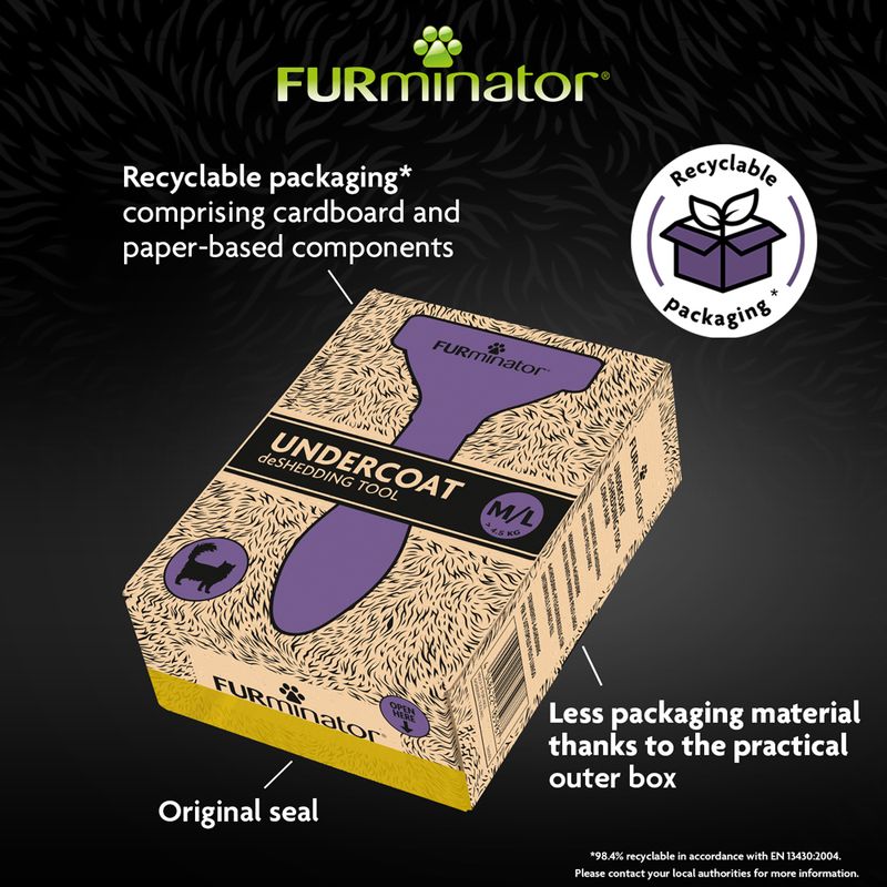 FURminator Undercoat deShedding Tool in recyclable packaging with cardboard and paper-based components, original seal, less packaging material due to practical outer box. M/L size shown.