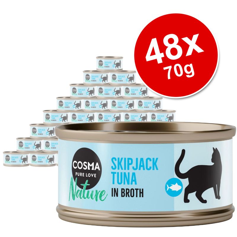 COSMA Nature Skipjack Tuna in Broth, 48 x 70g tins shown with cat silhouette on label and red circle displaying pack size. Metal tin packaging visible.