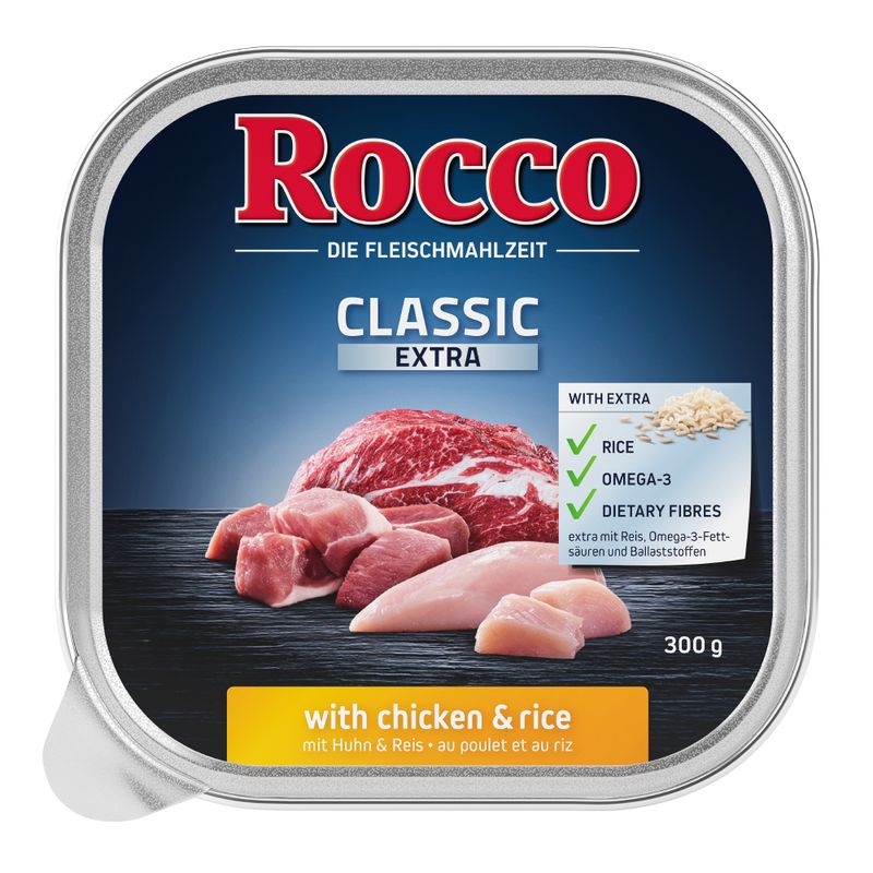 Classic Extra with chicken and rice, contains added rice, omega-3 and dietary fibres. 300g tin. Visible raw meat pieces and rice shown on packaging.