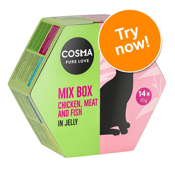COSMA PURE LOVE Mix Box Chicken, Meat and Fish in Jelly, 14×85g. Orange badge with white text: Try now!